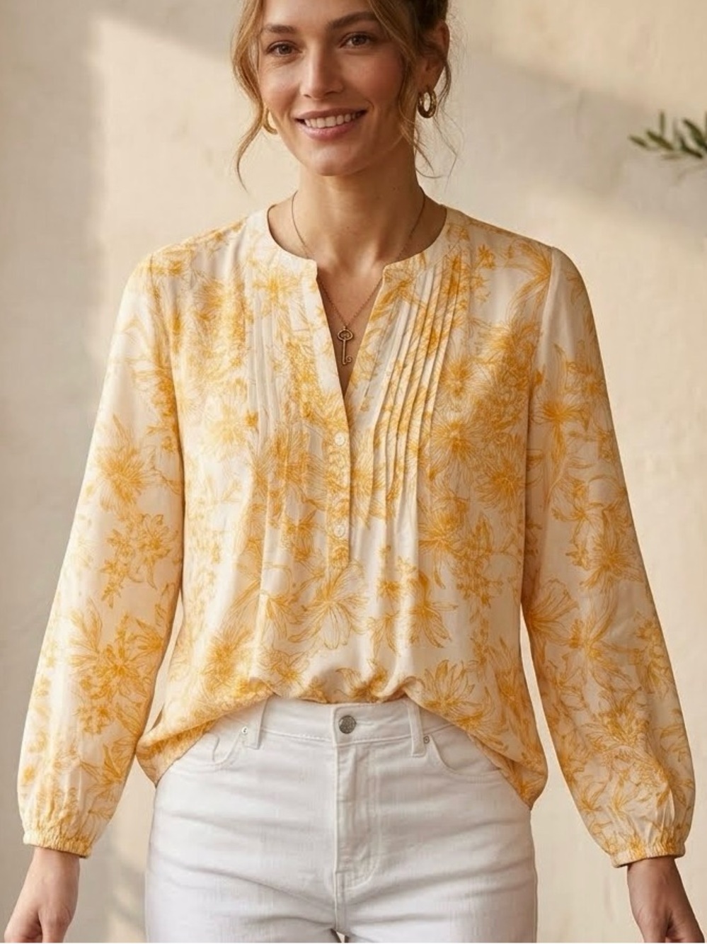GAP Blouse Yellow Gold White Floral Pintuck elastic blouson cuff large boho chic